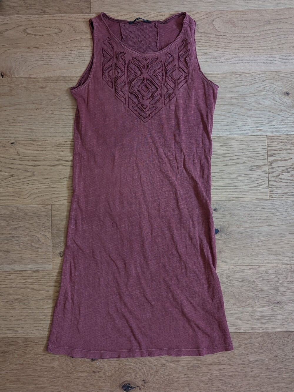 Scotch And Soda Burnt Red Midi Stretchy Fitted Dress With Geomtric Embroidery